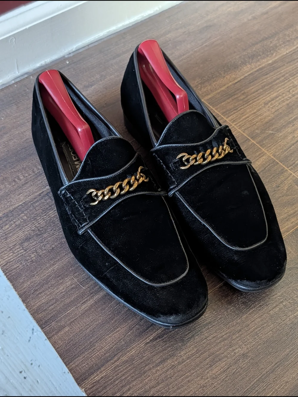 Tom Ford Black Velvet + Leather Loafers with Gold Chain Accent Italy Mens Sz 9